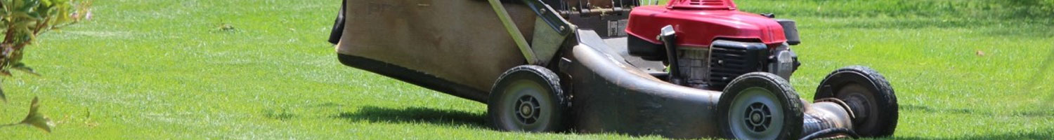A red lawn mower on freshly mown grass.
